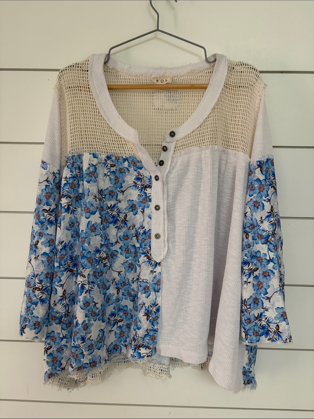 POL Blue Floral Patchwork Henley Tunic